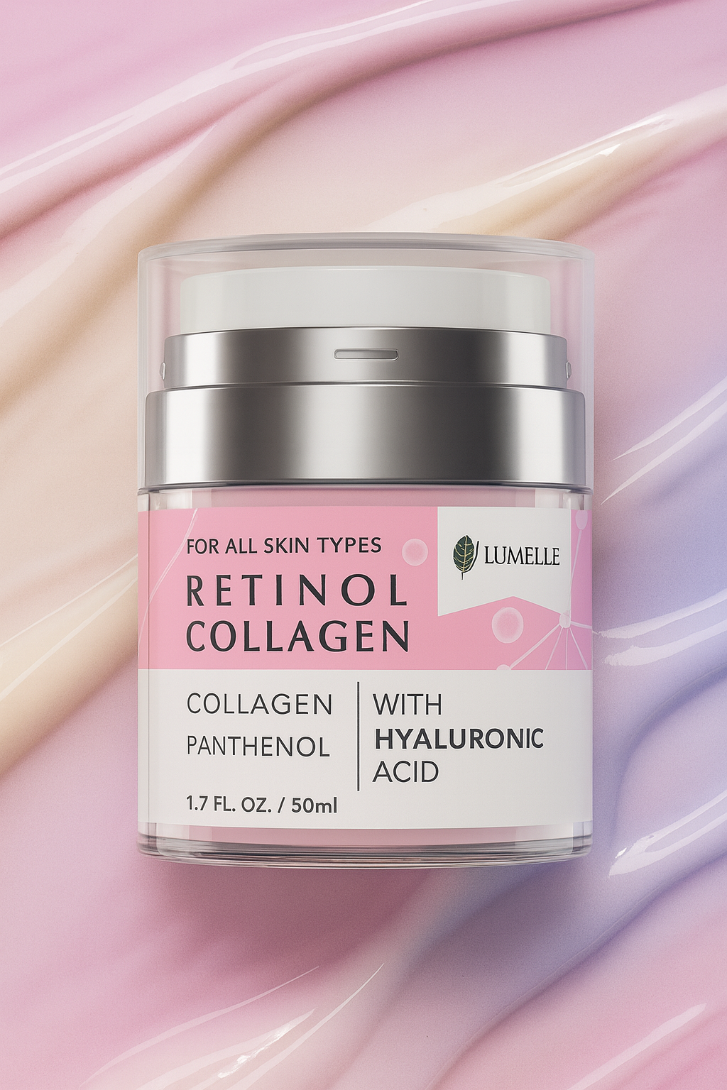 Skincare jar labeled 'Retinol Collagen' with pink and white design on a pink and white background