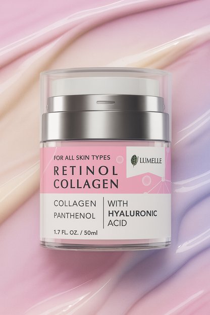 Skincare jar labeled 'Retinol Collagen' with pink and white design on a pink and white background