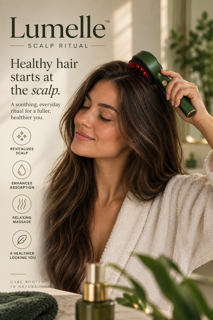 Woman using the Lumelle Scalp Ritual like a hair brush during a scalp-care routine